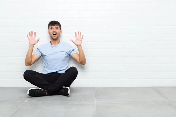 Young Handsome Man Feeling Stupefied Scared Fearing Something Frightening Hands — Stock Photo, Image