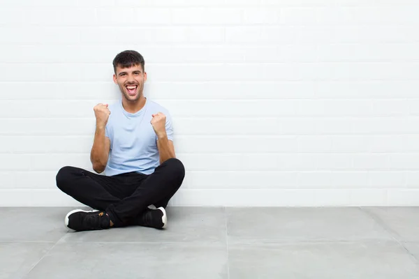 Young Handsome Man Shouting Triumphantly Laughing Feeling Happy Excited While — Stock Photo, Image
