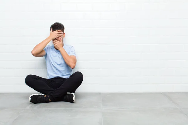 Young Handsome Man Covering Face Both Hands Saying Camera Refusing — Stockfoto