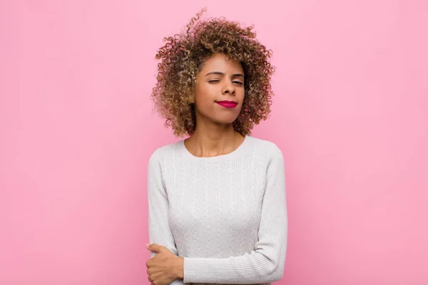 Young African American Woman Looking Happy Friendly Smiling Winking Eye — 스톡 사진