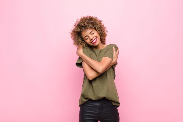 Young African American Woman Feeling Love Smiling Cuddling Hugging Self — 스톡 사진