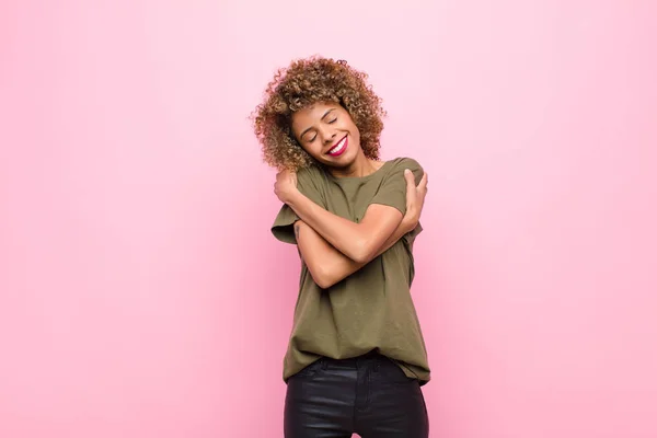 Young African American Woman Feeling Love Smiling Cuddling Hugging Self — Stock Photo, Image