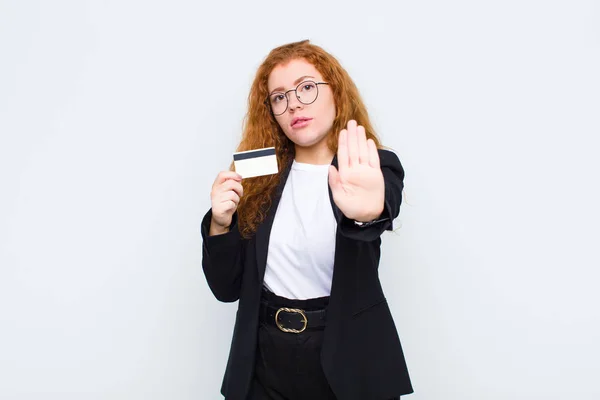 Red Head Young Woman Looking Serious Stern Displeased Angry Showing — 图库照片