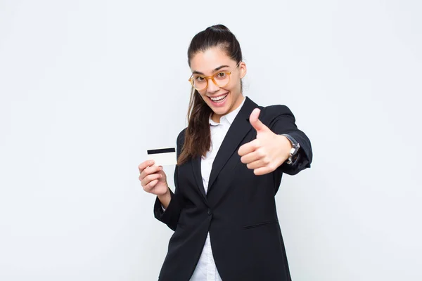 Young Businesswoman Feeling Proud Carefree Confident Happy Smiling Positively Thumbs — Stock Photo, Image
