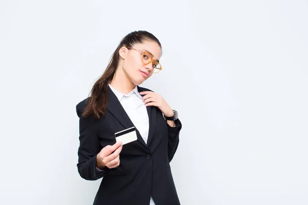 Young Businesswoman Looking Arrogant Successful Positive Proud Pointing Self Banknotes — Stock Photo, Image