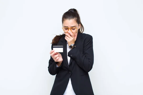 Young Businesswoman Covering Mouth Hands Shocked Surprised Expression Keeping Secret — Stock Photo, Image