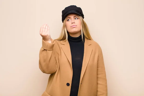 Young Blonde Woman Making Capice Money Gesture Telling You Pay — 스톡 사진