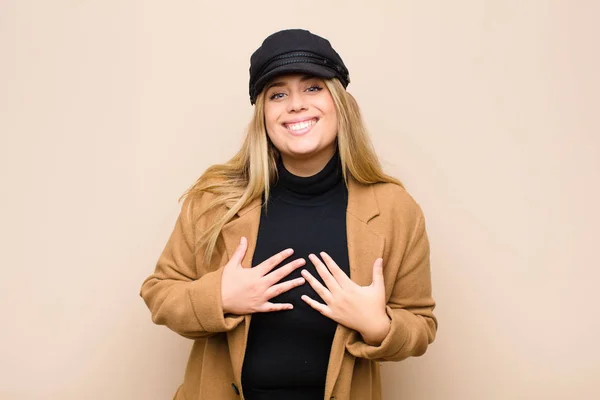 Young Blonde Woman Looking Happy Surprised Proud Excited Pointing Self — 스톡 사진