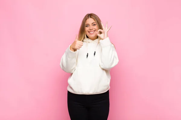 Young Blonde Woman Feeling Happy Amazed Satisfied Surprised Showing Okay — Stock Photo, Image