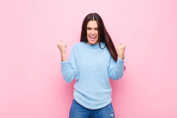 Young Pretty Woman Shouting Triumphantly Laughing Feeling Happy Excited While — Stock Photo, Image