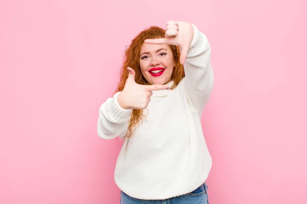 Young Red Head Woman Feeling Happy Friendly Positive Smiling Making — 스톡 사진