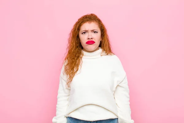 Young Red Head Woman Feeling Sad Whiney Unhappy Look Crying — 스톡 사진