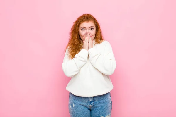 Young Red Head Woman Happy Excited Surprised Amazed Covering Mouth — 스톡 사진