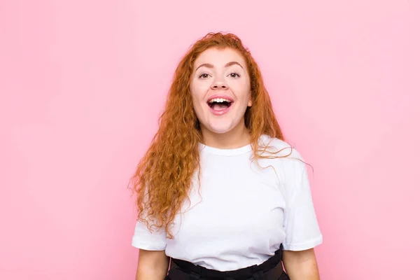 Young Red Head Woman Looking Happy Pleasantly Surprised Excited Fascinated — 스톡 사진