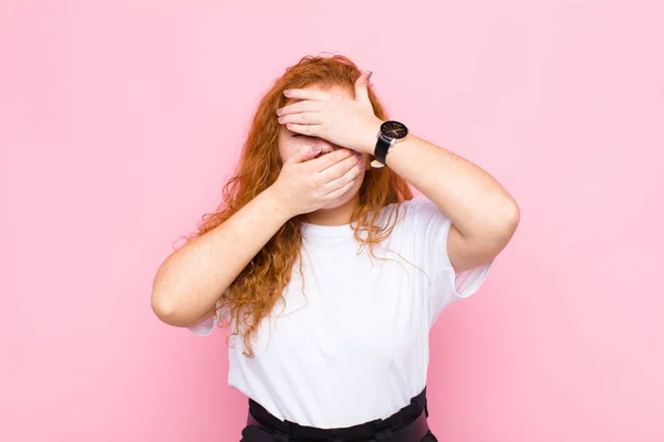 Young Red Head Woman Covering Face Both Hands Saying Camera — 스톡 사진