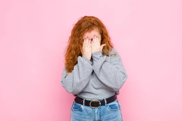 Young Red Head Woman Feeling Sad Frustrated Nervous Depressed Covering — 스톡 사진