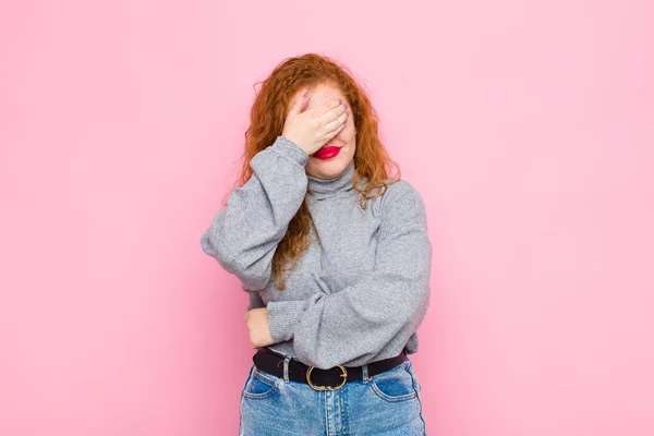 Young Red Head Woman Looking Stressed Ashamed Upset Headache Covering — 스톡 사진