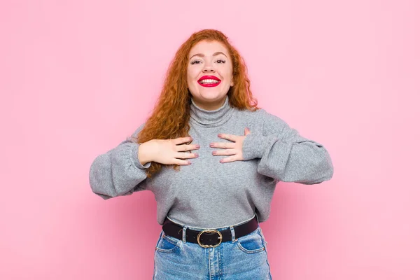 Young Red Head Woman Looking Happy Surprised Proud Excited Pointing — 스톡 사진