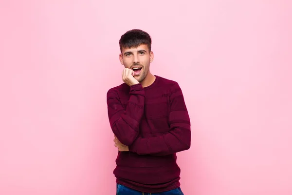 Young Handsome Man Open Mouthed Shock Disbelief Hand Cheek Arm — Stock Photo, Image