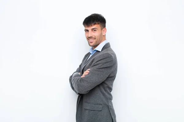 Young Handsome Man Smiling Camera Crossed Arms Happy Confident Satisfied — Stock Photo, Image