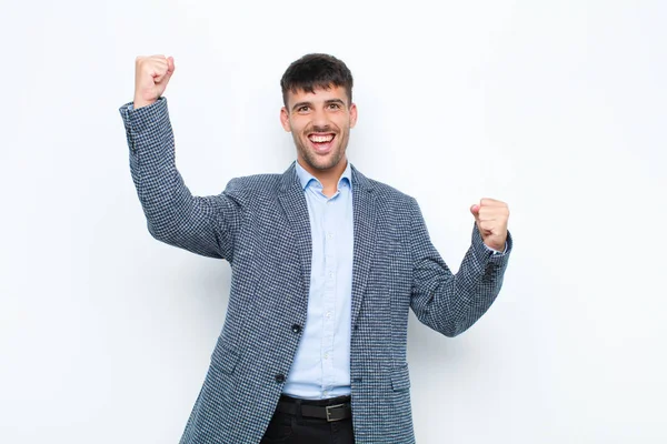 Young Handsome Man Shouting Triumphantly Looking Excited Happy Surprised Winner — Stock Photo, Image