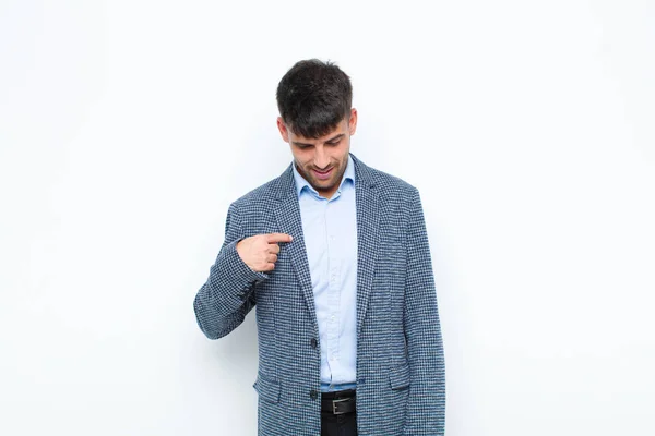 Young Handsome Man Smiling Cheerfully Casually Looking Downwards Pointing Chest — Stock Photo, Image