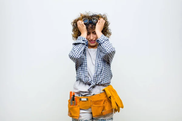 Young Housekeeper Woman Feeling Stressed Anxious Depressed Frustrated Headache Raising — Stock Photo, Image