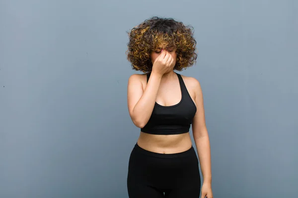 Young Sports Woman Feeling Stressed Unhappy Frustrated Touching Forehead Suffering — Stock Photo, Image