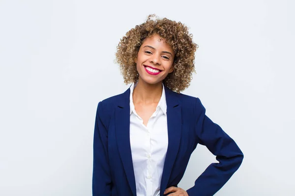 Young Woman African American Smiling Happily Hand Hip Confident Positive — Stock Photo, Image