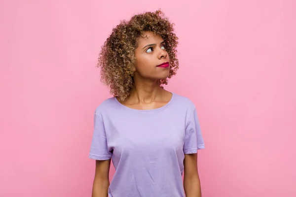Young African American Woman Worried Confused Clueless Expression Looking Copy — Stockfoto