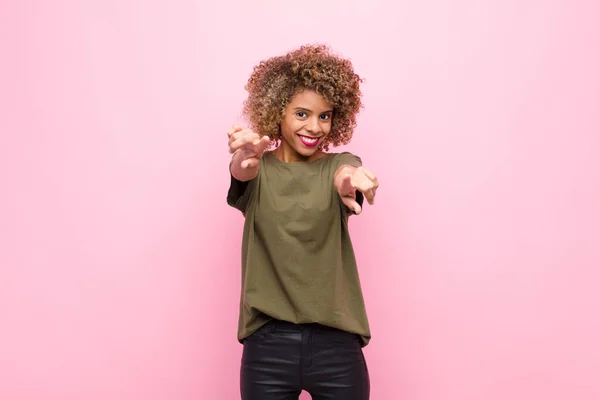 Young African American Woman Feeling Happy Confident Pointing Camera Both — 스톡 사진