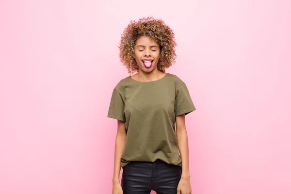 Young African American Woman Cheerful Carefree Rebellious Attitude Joking Sticking — 스톡 사진