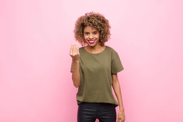 Young African American Woman Making Capice Money Gesture Telling You — 스톡 사진