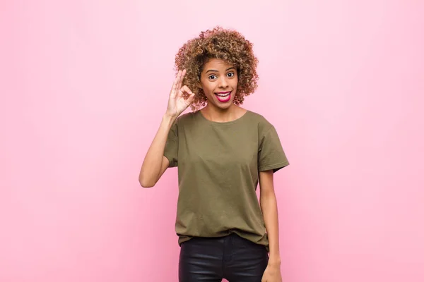Young African American Woman Feeling Successful Satisfied Smiling Mouth Wide — 스톡 사진