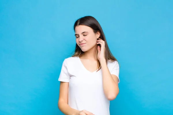 Young Pretty Woman Feeling Stressed Frustrated Tired Rubbing Painful Neck — Stock Photo, Image