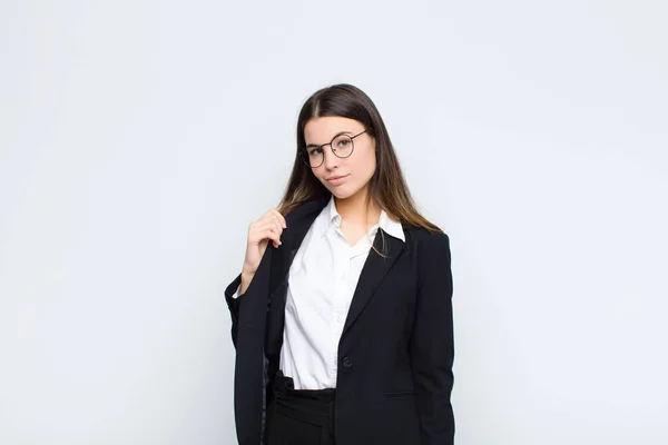 Young Businesswoman Looking Arrogant Successful Positive Proud Pointing Self White — Stock Photo, Image