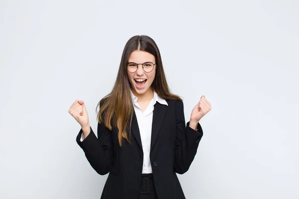 Young Businesswoman Feeling Happy Positive Successful Celebrating Victory Achievements Good — Stock Photo, Image
