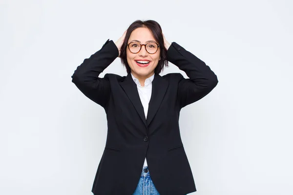 Young Businesswoman Feeling Stressed Worried Anxious Scared Hands Head Panicking — Stock Photo, Image