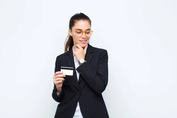 Young Businesswoman Smiling Happy Confident Expression Hand Chin Wondering Looking — Stock Photo, Image