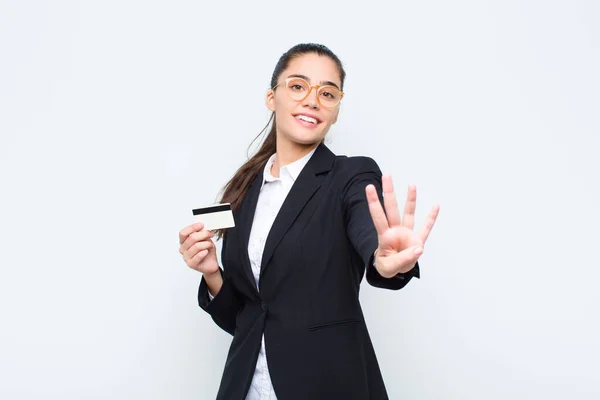 Young Businesswoman Smiling Looking Friendly Showing Number Four Fourth Hand — Stock Photo, Image