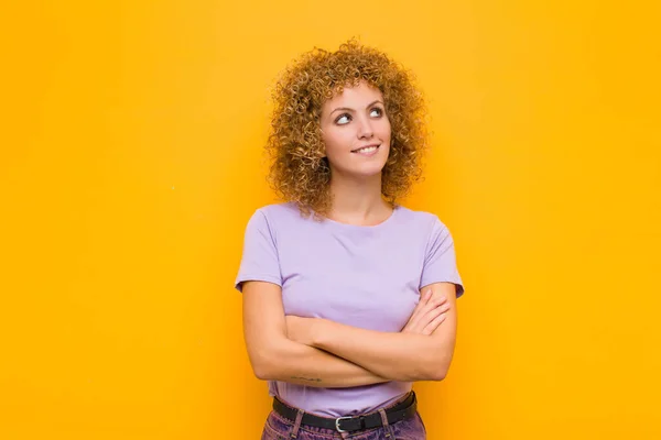 Young Afro Woman Feeling Happy Proud Hopeful Wondering Thinking Looking — ストック写真