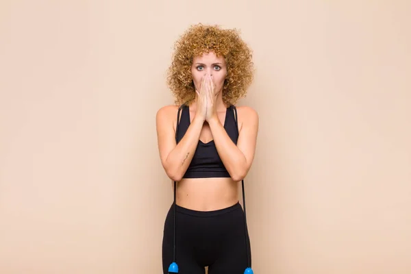 Young Afro Woman Feeling Worried Upset Scared Covering Mouth Hands — Stock Photo, Image