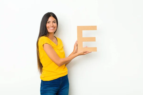 Young Latin Pretty Woman Excited Happy Joyful Holding Letter Alphabet — Stock Photo, Image
