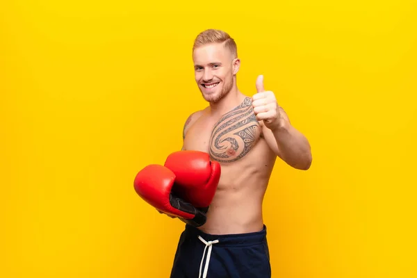 Young Blonde Strong Man Feeling Proud Carefree Confident Happy Smiling — Stock Photo, Image