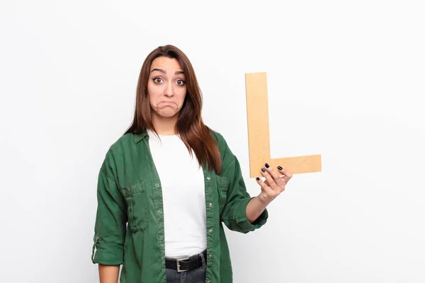 Young Pretty Woman Sad Depressed Unhappy Holding Letter Alphabet Form — Stock Photo, Image