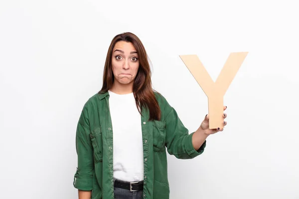 Young Pretty Woman Sad Depressed Unhappy Holding Letter Alphabet Form — Stock Photo, Image