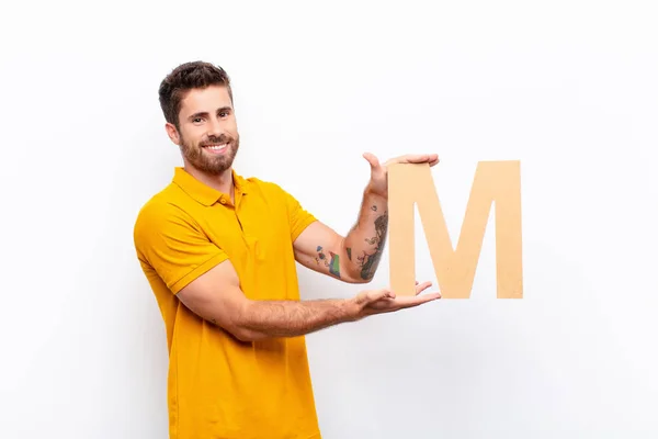 Young Handsome Man Excited Happy Joyful Holding Letter Alphabet Form — Stock Photo, Image