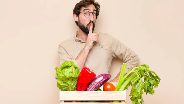 Green Grocery Man Looking Serious Cross Finger Pressed Lips Demanding — Stock Photo, Image