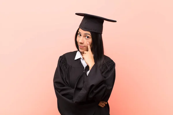 Young Latin Woman Student Keeping Eye You Trusting Watching Staying — Stock Photo, Image