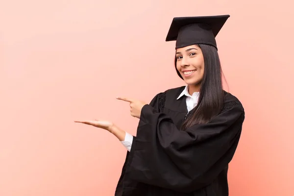 Young Latin Woman Student Smiling Feeling Happy Carefree Satisfied Pointing — Stock Photo, Image